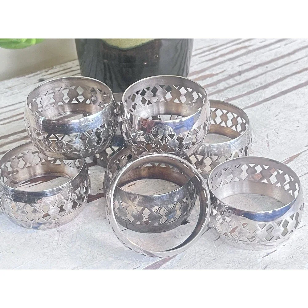 Vintage English Ornate Silver Plated EPNS Napkin Rings Tableware (Set Of 8)